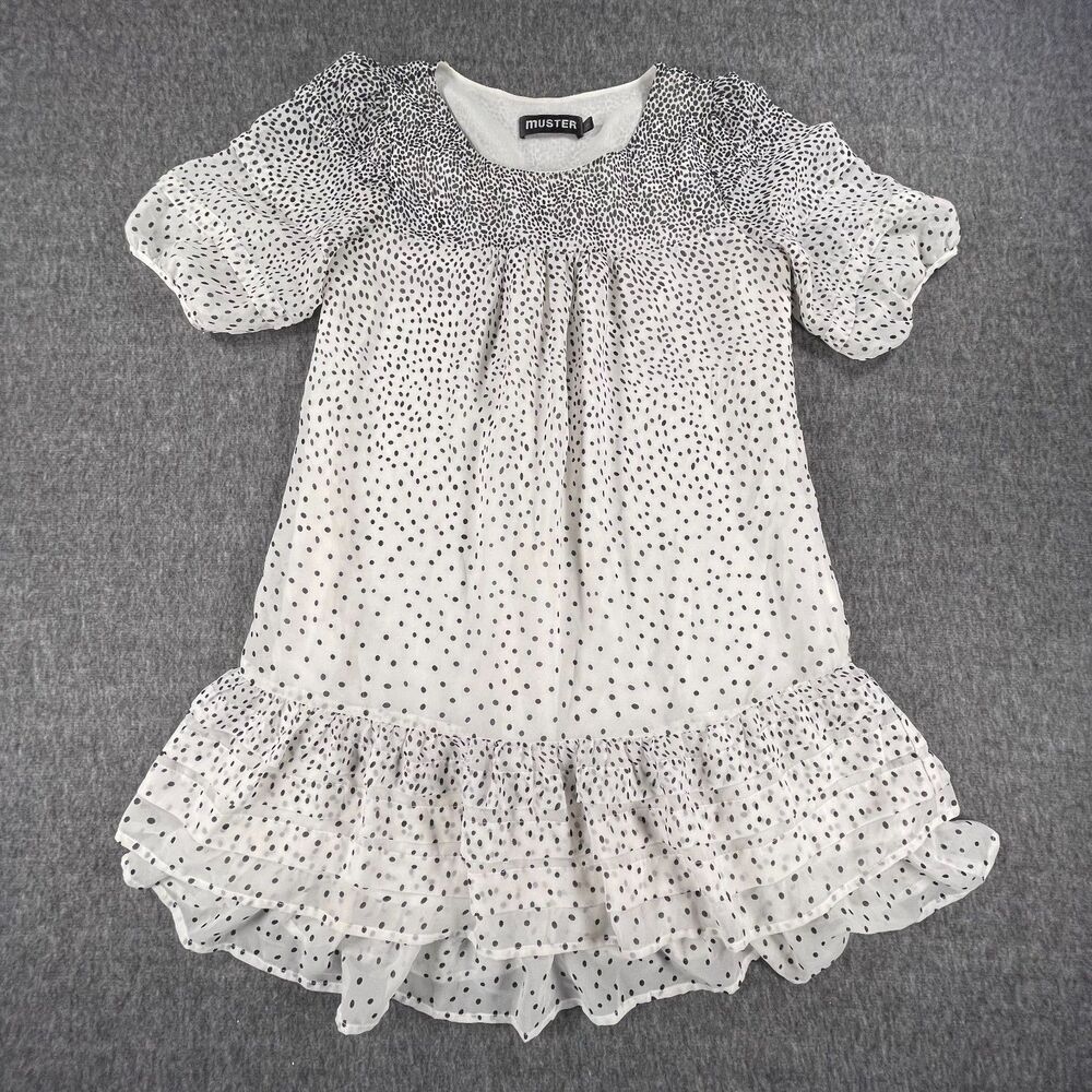 Muster 100% Silk Polka Dot Ruffle Hem Dress L White Black Boho Chic Summer - Picture 3 of 12